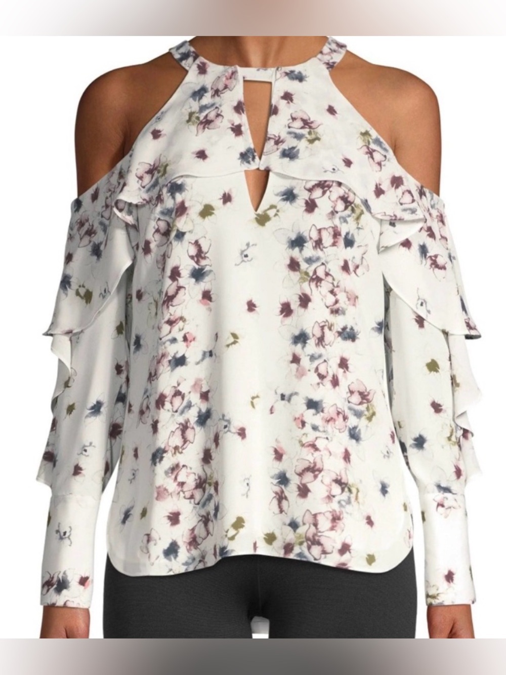 Bcbg Floral Ruffle Cold Shoulder Long sleeve Top - White/Pink/Green